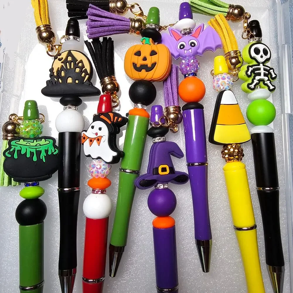 8 Halloween Beaded Ink Pens With Tassel Charm Silicone Beads Refills Included
